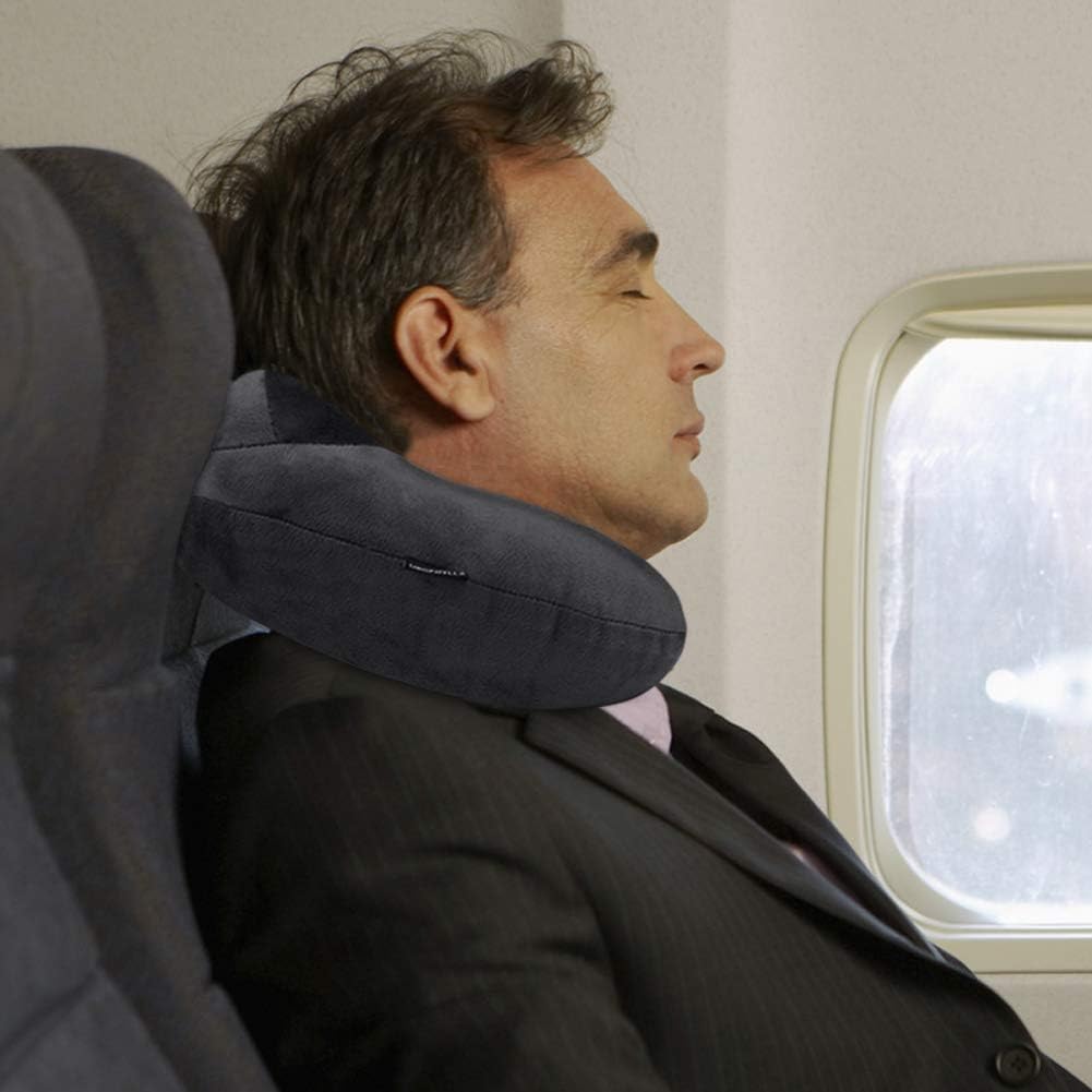 Inflatable Travel Neck Pillow for Airplanes, Super Soft Velvet Neck Support, Adjustable Firmness, Blow Up Plane Pillow for Long Flights, Road Trips, Travel Essentials with Eye Mask, Earplug