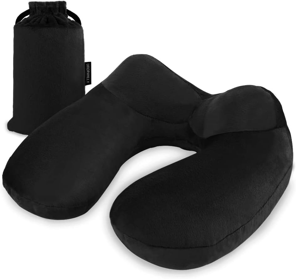 Inflatable Travel Neck Pillow for Airplanes, Super Soft Velvet Neck Support, Adjustable Firmness, Blow Up Plane Pillow for Long Flights, Road Trips, Travel Essentials with Eye Mask, Earplug