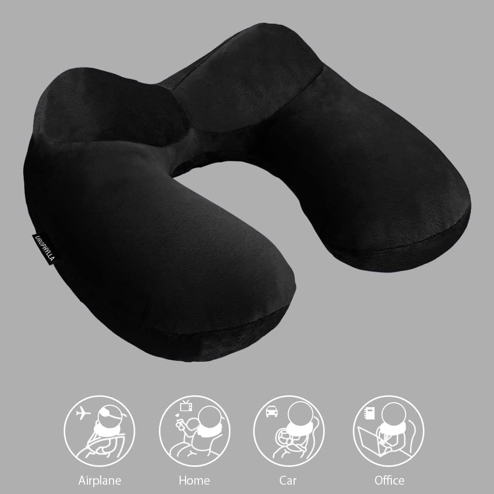 Inflatable Travel Neck Pillow for Airplanes, Super Soft Velvet Neck Support, Adjustable Firmness, Blow Up Plane Pillow for Long Flights, Road Trips, Travel Essentials with Eye Mask, Earplug