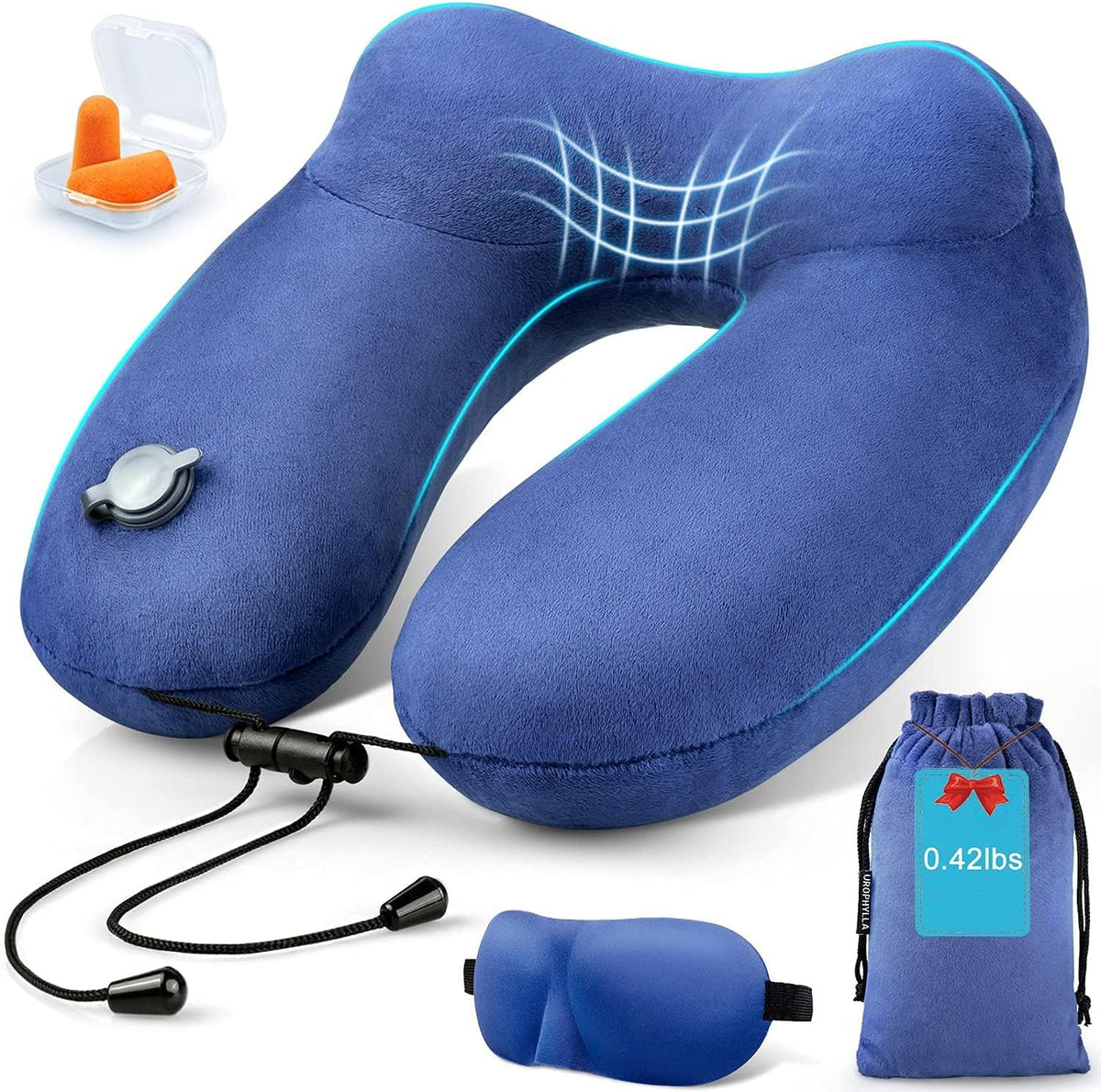 Inflatable Travel Neck Pillow for Airplanes, Super Soft Velvet Neck Support, Adjustable Firmness, Blow Up Plane Pillow for Long Flights, Road Trips, Travel Essentials with Eye Mask, Earplug
