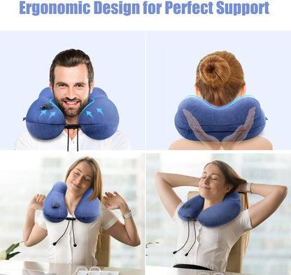 Inflatable Travel Neck Pillow for Airplanes, Super Soft Velvet Neck Support, Adjustable Firmness, Blow Up Plane Pillow for Long Flights, Road Trips, Travel Essentials with Eye Mask, Earplug