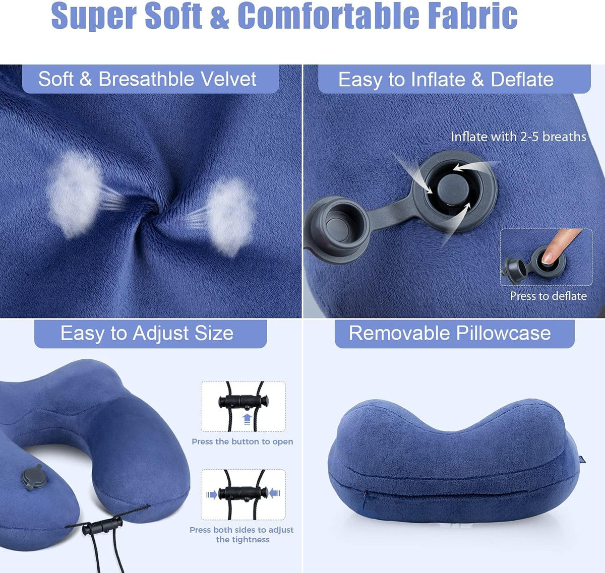 Inflatable Travel Neck Pillow for Airplanes, Super Soft Velvet Neck Support, Adjustable Firmness, Blow Up Plane Pillow for Long Flights, Road Trips, Travel Essentials with Eye Mask, Earplug