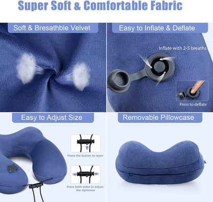 Inflatable Travel Neck Pillow for Airplanes, Super Soft Velvet Neck Support, Adjustable Firmness, Blow Up Plane Pillow for Long Flights, Road Trips, Travel Essentials with Eye Mask, Earplug