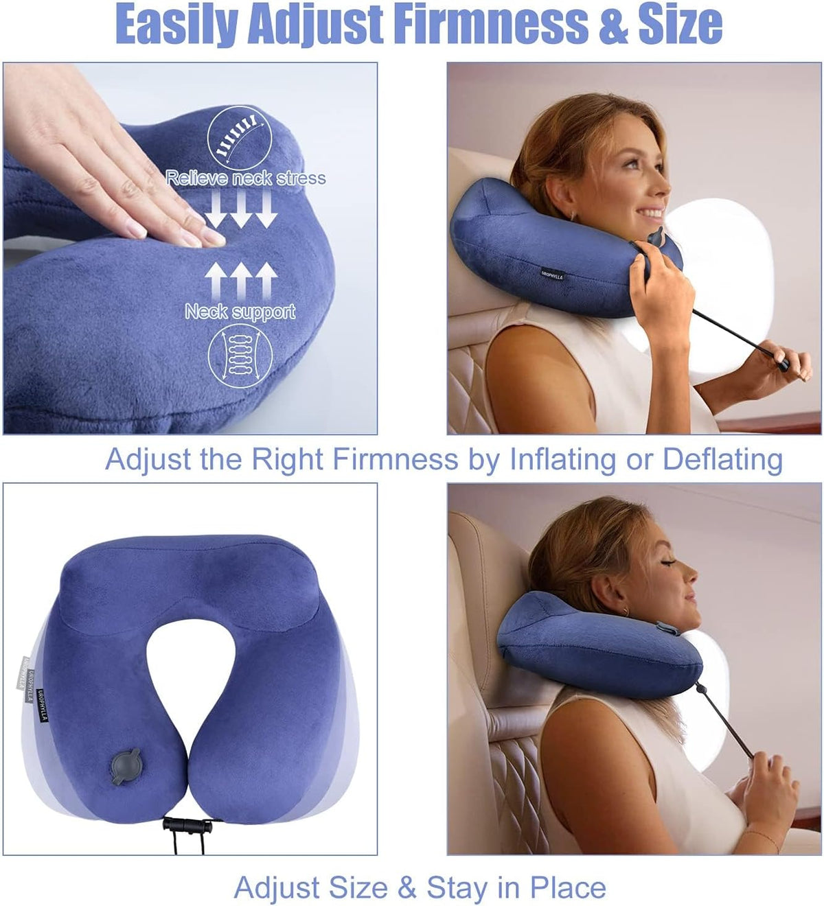 Inflatable Travel Neck Pillow for Airplanes, Super Soft Velvet Neck Support, Adjustable Firmness, Blow Up Plane Pillow for Long Flights, Road Trips, Travel Essentials with Eye Mask, Earplug