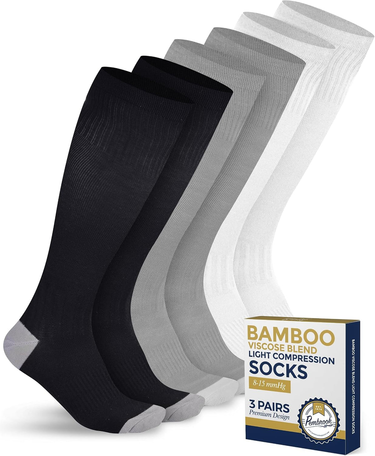 ® Bamboo Viscose Light Compression Socks - 3 Pairs | 8-15 mmhg Compression Socks | Knee High Comfort Support Socks