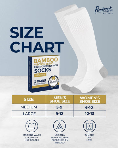® Bamboo Viscose Light Compression Socks - 3 Pairs | 8-15 mmhg Compression Socks | Knee High Comfort Support Socks