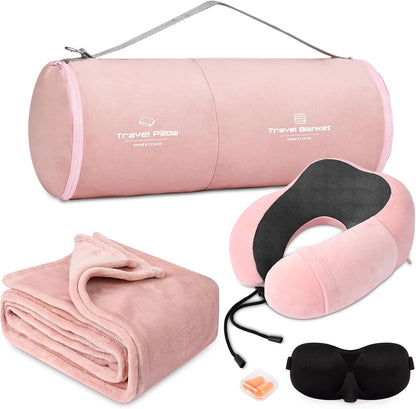 Travel Pillow and Blanket Set Neck Pillow Airplane Foam Pink