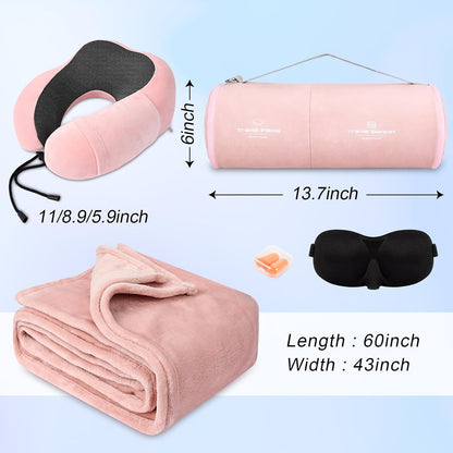 Travel Pillow and Blanket Set Neck Pillow Airplane Foam Pink