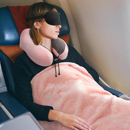 Travel Pillow and Blanket Set Neck Pillow Airplane Foam Pink