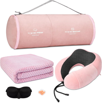 Travel Pillow and Blanket Set Neck Pillow Airplane Foam Pink