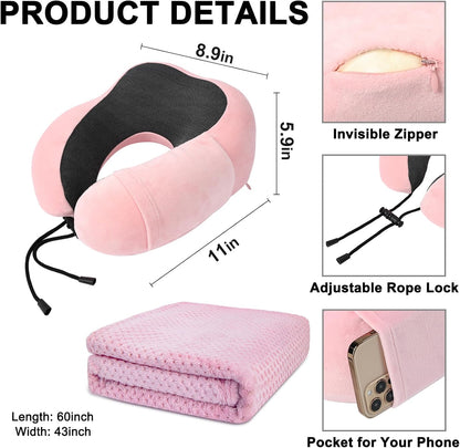 Travel Pillow and Blanket Set Neck Pillow Airplane Foam Pink