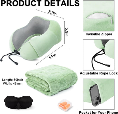 Travel Pillow and Blanket Set Neck Pillow Airplane Foam Pink
