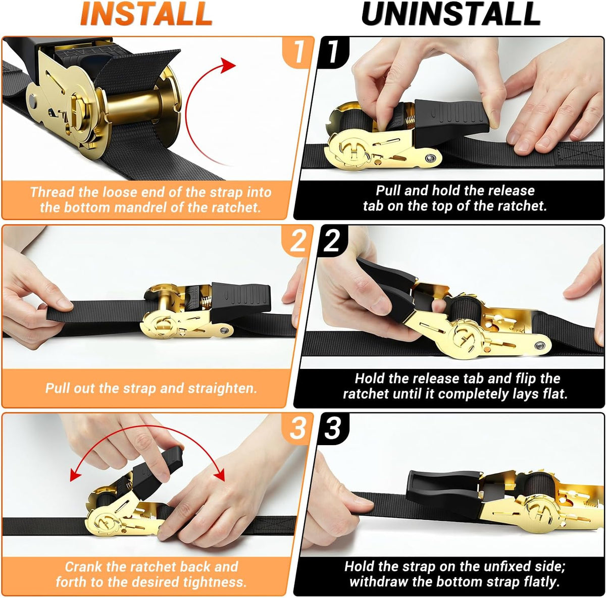 Ratchet Tie Down Straps for Moving Appliances 1" x 15', Orange