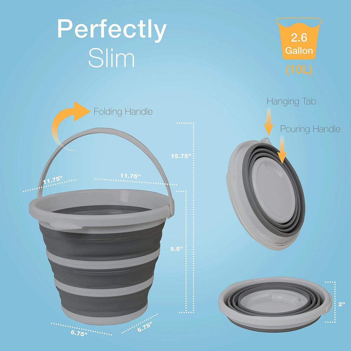 Collapsible Bucket, Foldable Cleaning Bucket with Handle, Household Essentials Cleaning Basin and Dust Mop Bucket, Collapsible Wash Basin for Car Cleaning, [2.6 Gal. 10L] Round, Grey