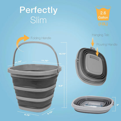 Collapsible Bucket, Foldable Cleaning Bucket with Handle, Household Essentials Cleaning Basin and Dust Mop Bucket, Collapsible Wash Basin for Car Cleaning, [2.6 Gal. 10L] Round, Grey