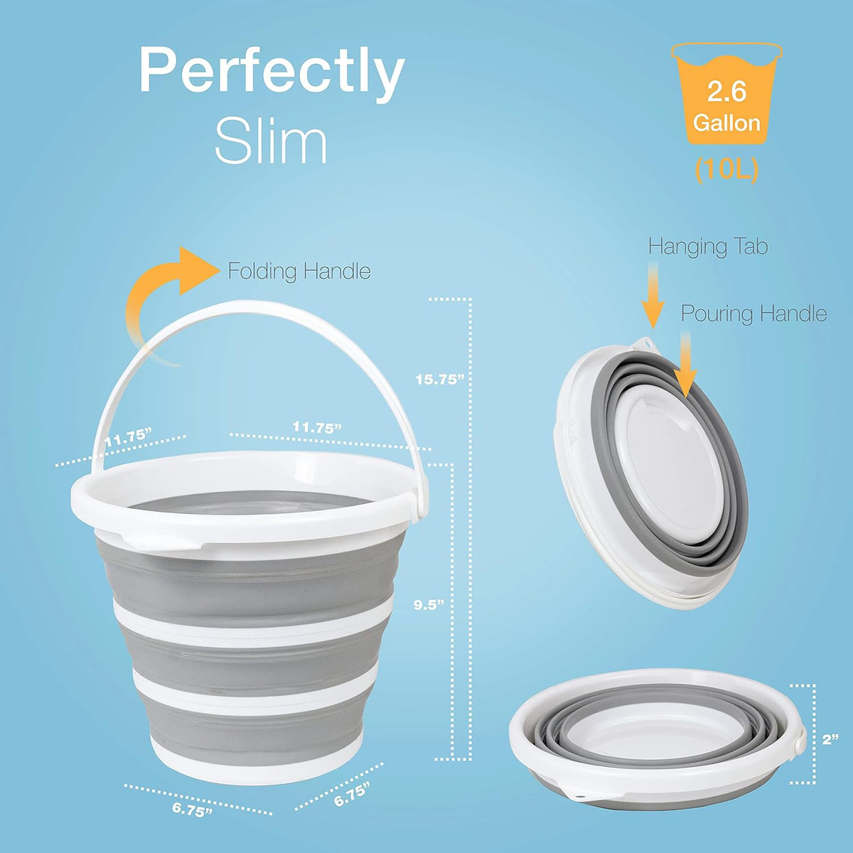 Collapsible Bucket, Foldable Cleaning Bucket with Handle, Household Essentials Cleaning Basin and Dust Mop Bucket, Collapsible Wash Basin for Car Cleaning, [2.6 Gal. 10L] Round, Grey