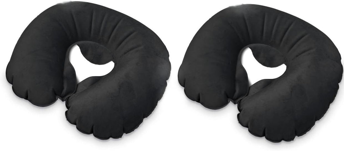 2 Pack Inflatable Travel Neck Cushion Pillow Supports Head & Neck, Cotton Poly Blend, Black