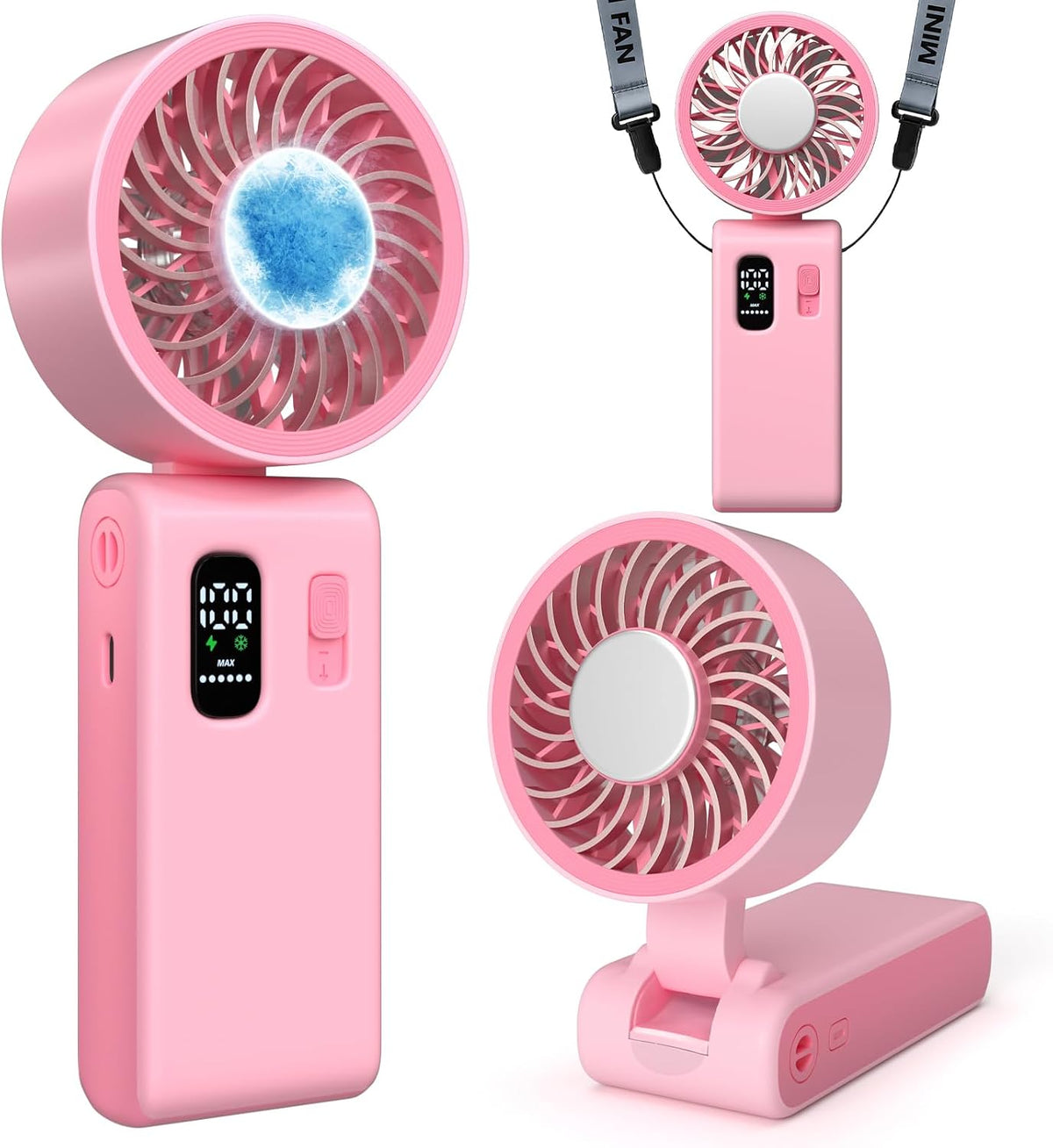Portable Handheld Fan with Ice Cooling, 100 Speed Rechargeable Mini Desk Fan, Up to 12Hrs Cooling, Powerful Folding Personal Fan for Travel, Camping, Office (Pink)