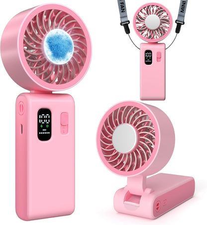 Portable Handheld Fan with Ice Cooling, 100 Speed Rechargeable Mini Desk Fan, Up to 12Hrs Cooling, Powerful Folding Personal Fan for Travel, Camping, Office (Pink)