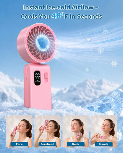 Portable Handheld Fan with Ice Cooling, 100 Speed Rechargeable Mini Desk Fan, Up to 12Hrs Cooling, Powerful Folding Personal Fan for Travel, Camping, Office (Pink)