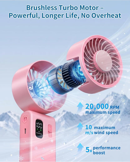 Portable Handheld Fan with Ice Cooling, 100 Speed Rechargeable Mini Desk Fan, Up to 12Hrs Cooling, Powerful Folding Personal Fan for Travel, Camping, Office (Pink)