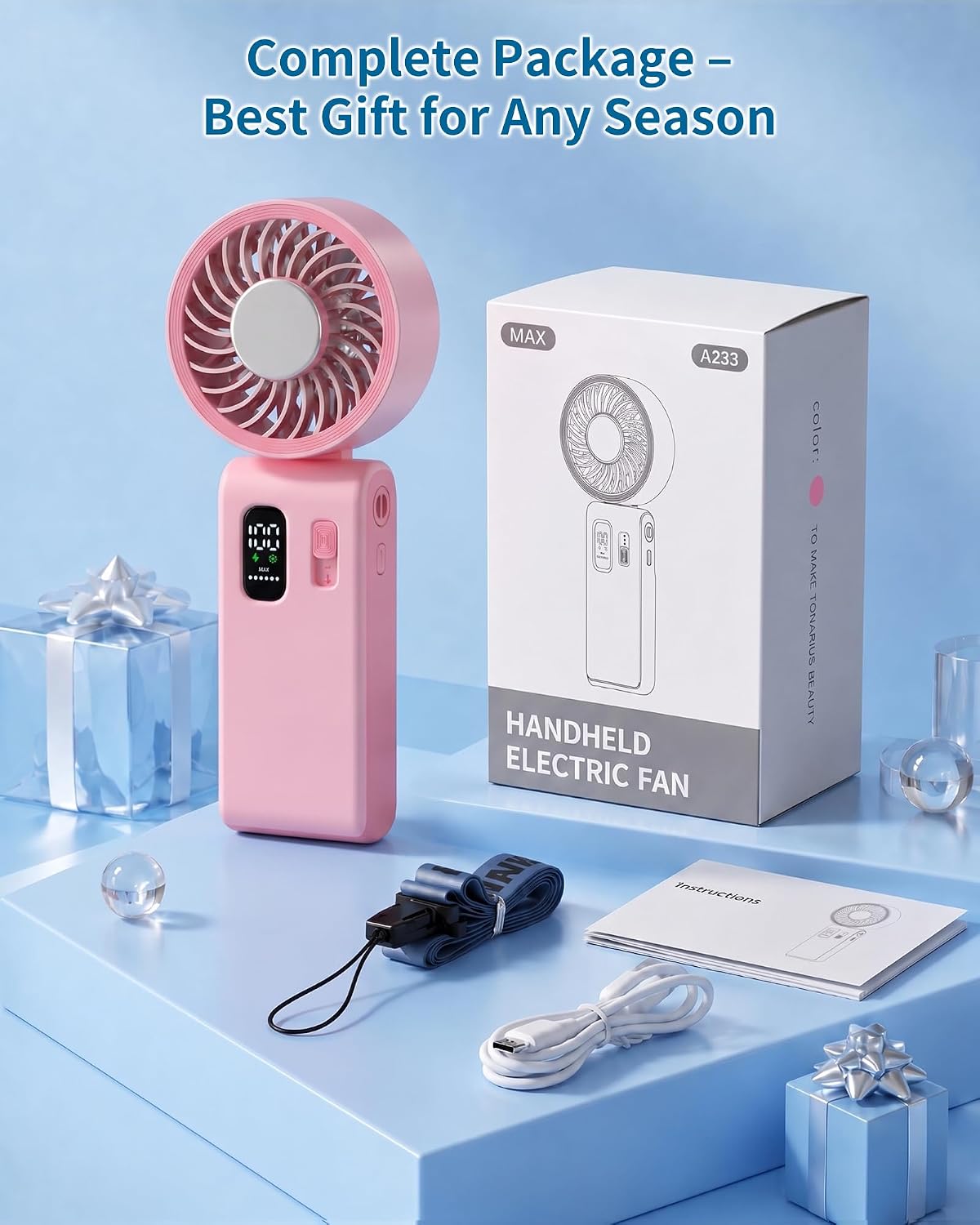 Portable Handheld Fan with Ice Cooling, 100 Speed Rechargeable Mini Desk Fan, Up to 12Hrs Cooling, Powerful Folding Personal Fan for Travel, Camping, Office (Pink)