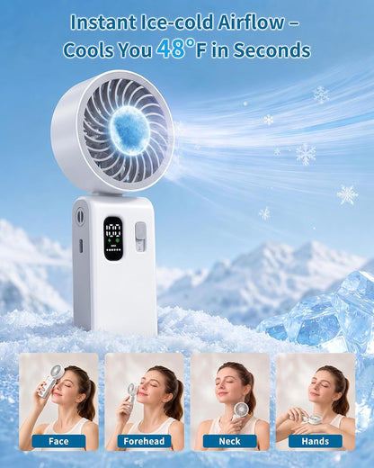 Portable Handheld Fan with Ice Cooling, 100 Speed Rechargeable Mini Desk Fan, Up to 12Hrs Cooling, Powerful Folding Personal Fan for Travel, Camping, Office (Pink)