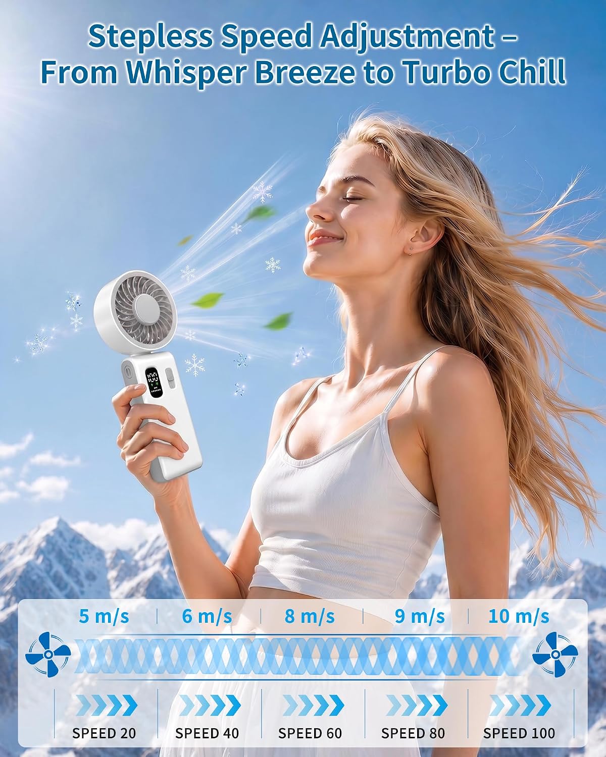 Portable Handheld Fan with Ice Cooling, 100 Speed Rechargeable Mini Desk Fan, Up to 12Hrs Cooling, Powerful Folding Personal Fan for Travel, Camping, Office (Pink)