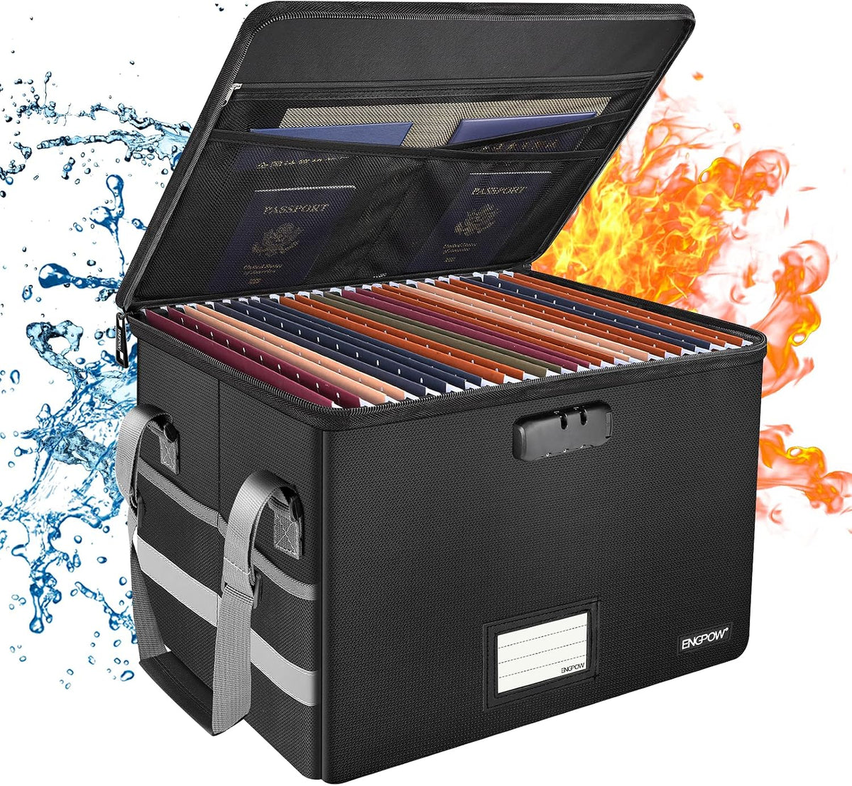 File Box with Lock,Fireproof Document Box with Zipper＆Pockets,Collapsible File Organizer Filing Storage Cabinet with Handle,Portable Home Office Safe for Hanging Letter/Legal Folder,Black
