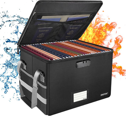 File Box with Lock,Fireproof Document Box with Zipper＆Pockets,Collapsible File Organizer Filing Storage Cabinet with Handle,Portable Home Office Safe for Hanging Letter/Legal Folder,Black