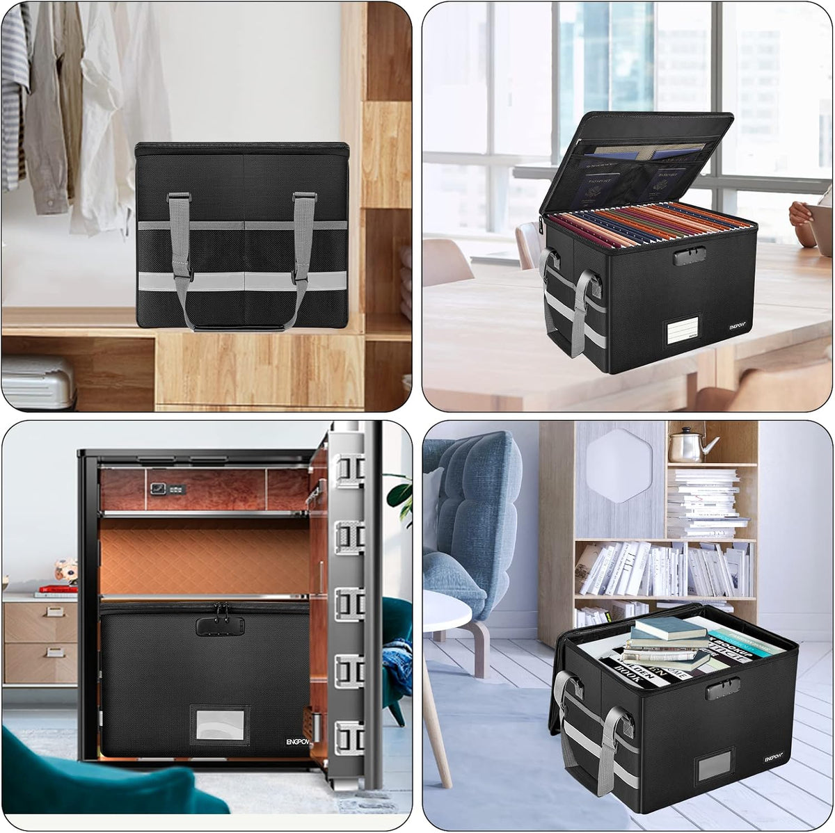 File Box with Lock,Fireproof Document Box with Zipper＆Pockets,Collapsible File Organizer Filing Storage Cabinet with Handle,Portable Home Office Safe for Hanging Letter/Legal Folder,Black