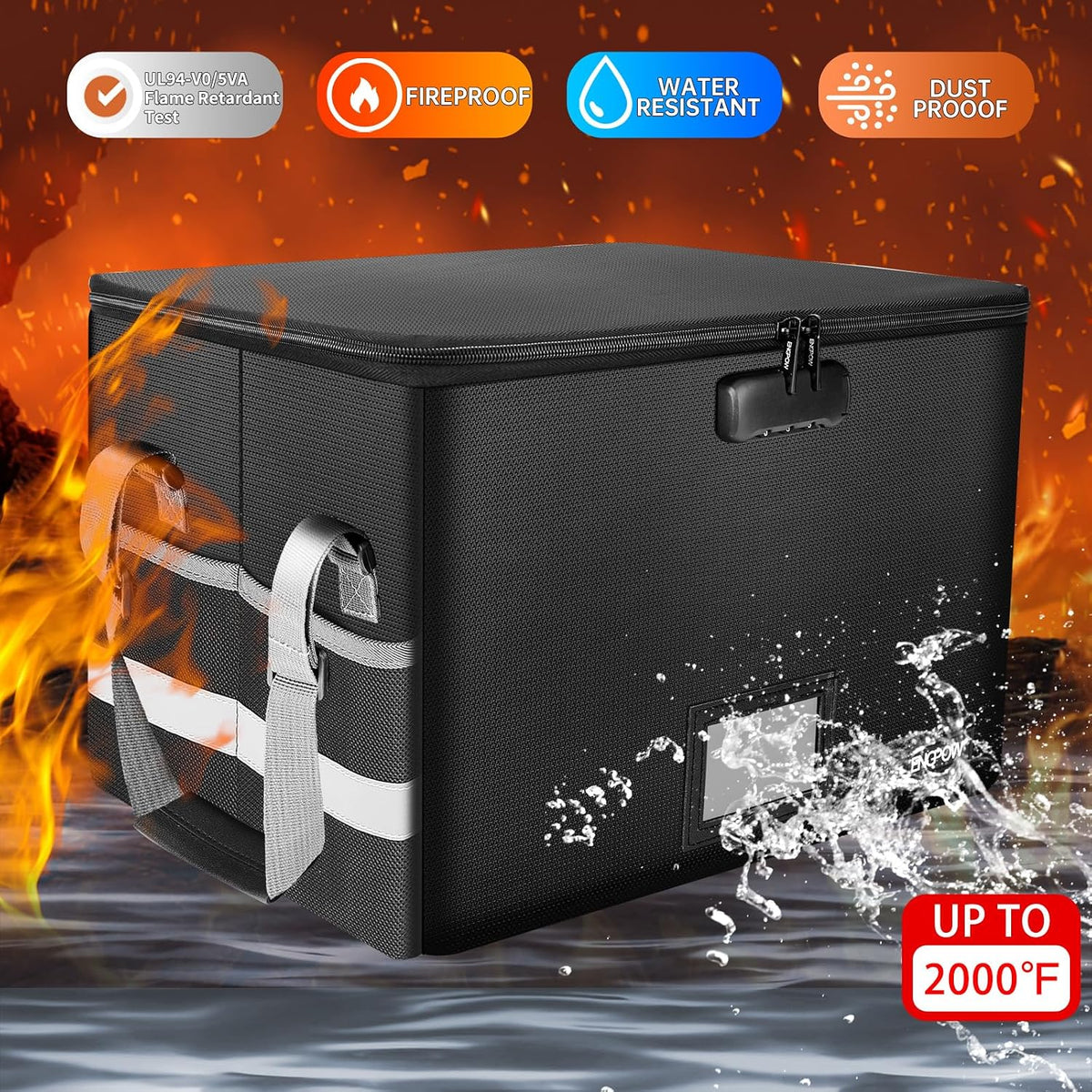 File Box with Lock,Fireproof Document Box with Zipper＆Pockets,Collapsible File Organizer Filing Storage Cabinet with Handle,Portable Home Office Safe for Hanging Letter/Legal Folder,Black