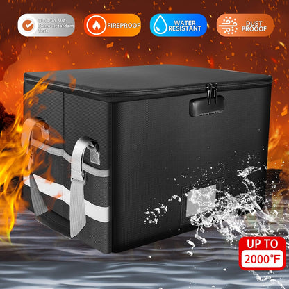 File Box with Lock,Fireproof Document Box with Zipper＆Pockets,Collapsible File Organizer Filing Storage Cabinet with Handle,Portable Home Office Safe for Hanging Letter/Legal Folder,Black