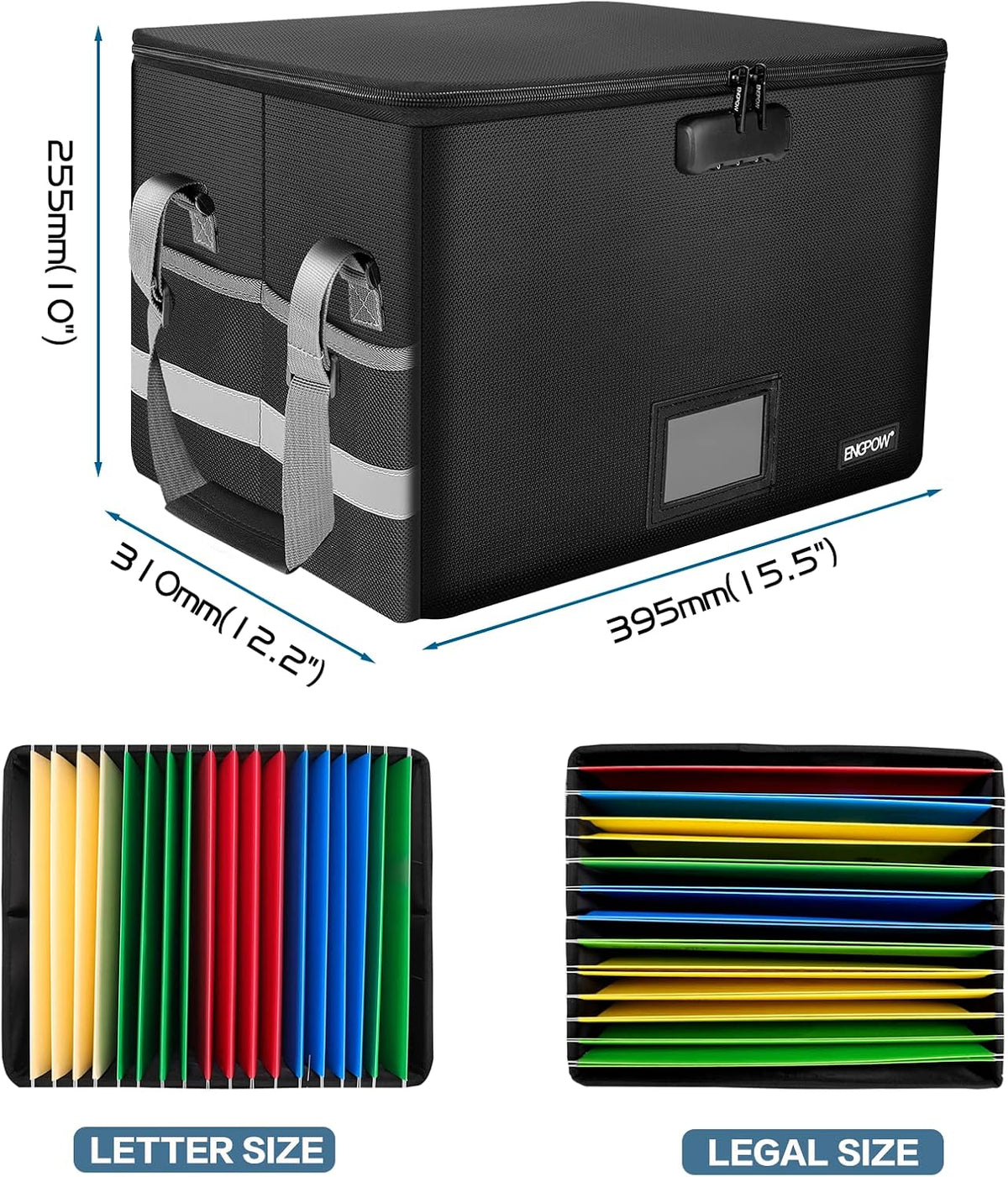 File Box with Lock,Fireproof Document Box with Zipper＆Pockets,Collapsible File Organizer Filing Storage Cabinet with Handle,Portable Home Office Safe for Hanging Letter/Legal Folder,Black