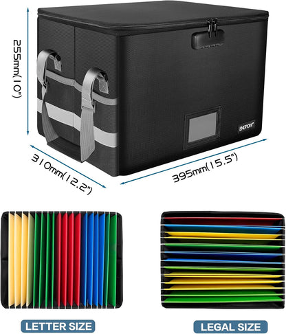 File Box with Lock,Fireproof Document Box with Zipper＆Pockets,Collapsible File Organizer Filing Storage Cabinet with Handle,Portable Home Office Safe for Hanging Letter/Legal Folder,Black