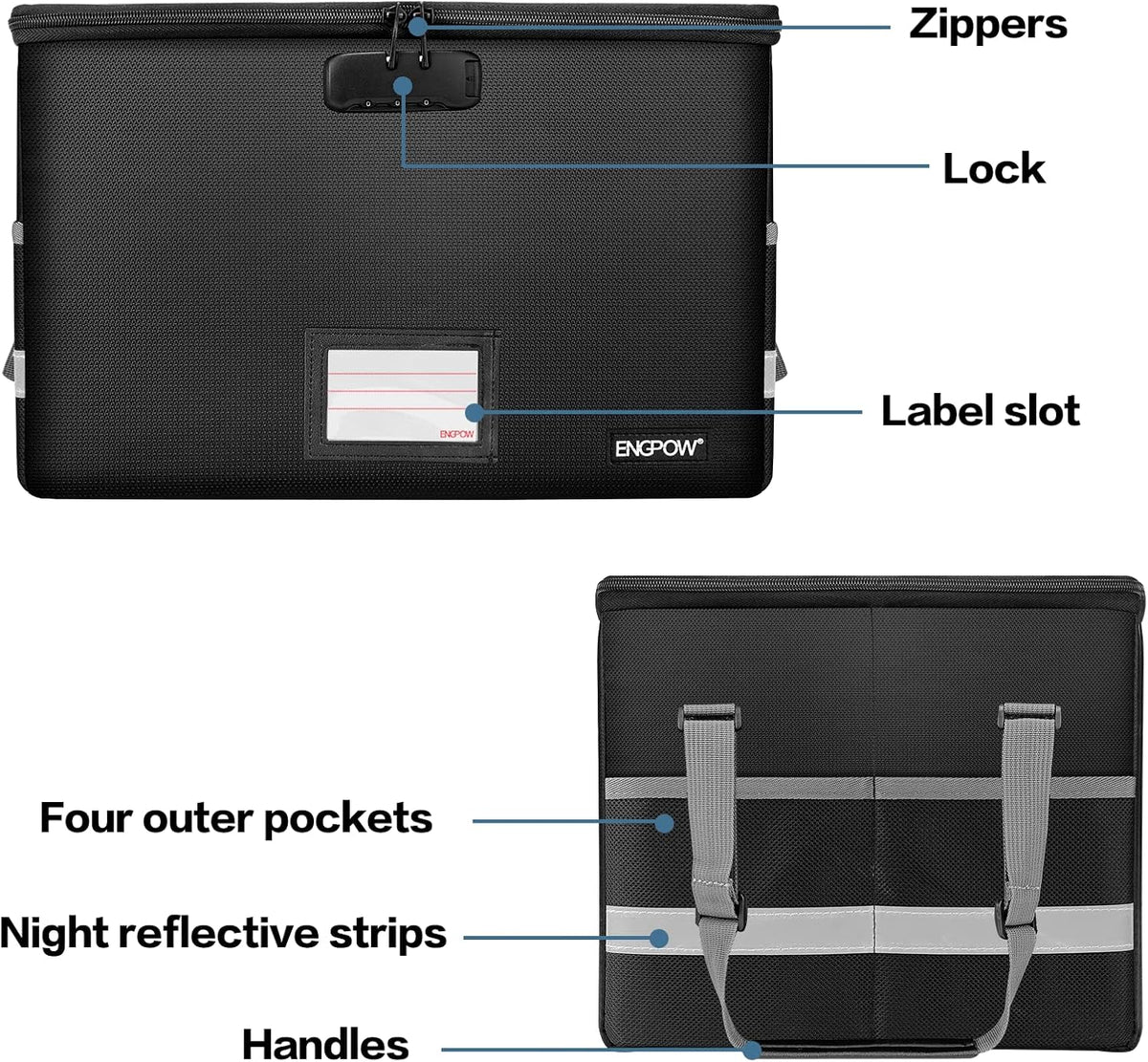 File Box with Lock,Fireproof Document Box with Zipper＆Pockets,Collapsible File Organizer Filing Storage Cabinet with Handle,Portable Home Office Safe for Hanging Letter/Legal Folder,Black