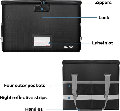 File Box with Lock,Fireproof Document Box with Zipper＆Pockets,Collapsible File Organizer Filing Storage Cabinet with Handle,Portable Home Office Safe for Hanging Letter/Legal Folder,Black