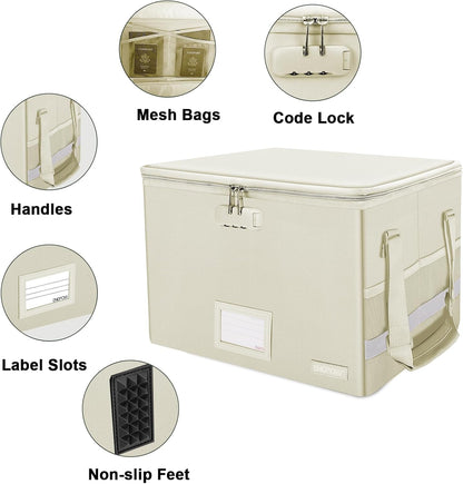 File Box with Lock,Fireproof Document Box with Zipper＆Pockets,Collapsible File Organizer Filing Storage Cabinet with Handle,Portable Home Office Safe for Hanging Letter/Legal Folder,Black