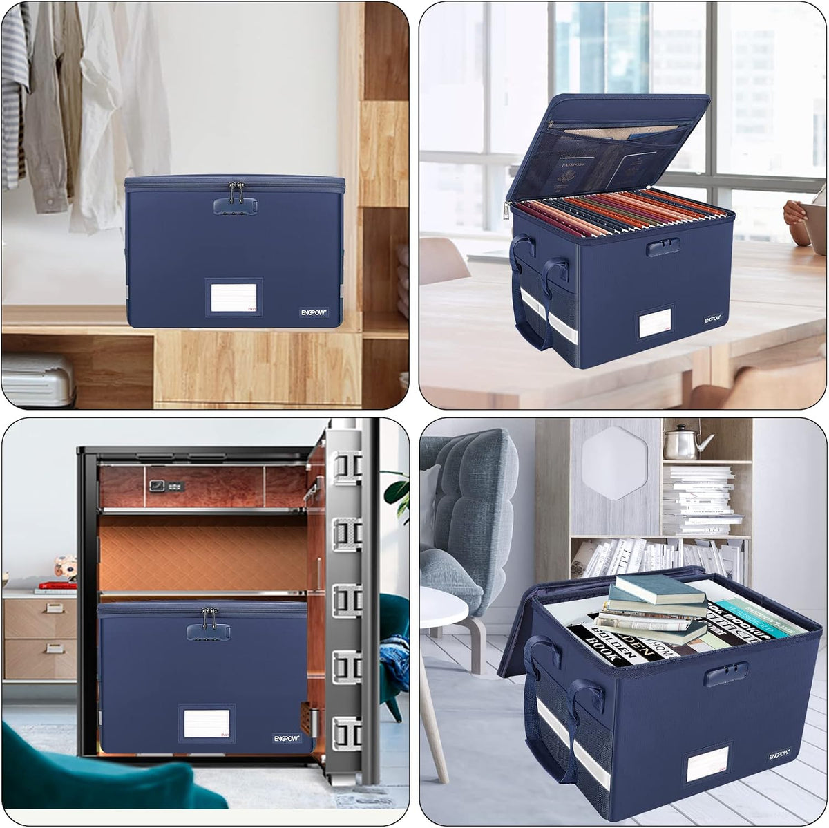 File Box with Lock,Fireproof Document Box with Zipper＆Pockets,Collapsible File Organizer Filing Storage Cabinet with Handle,Portable Home Office Safe for Hanging Letter/Legal Folder,Black