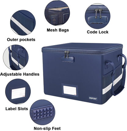 File Box with Lock,Fireproof Document Box with Zipper＆Pockets,Collapsible File Organizer Filing Storage Cabinet with Handle,Portable Home Office Safe for Hanging Letter/Legal Folder,Black