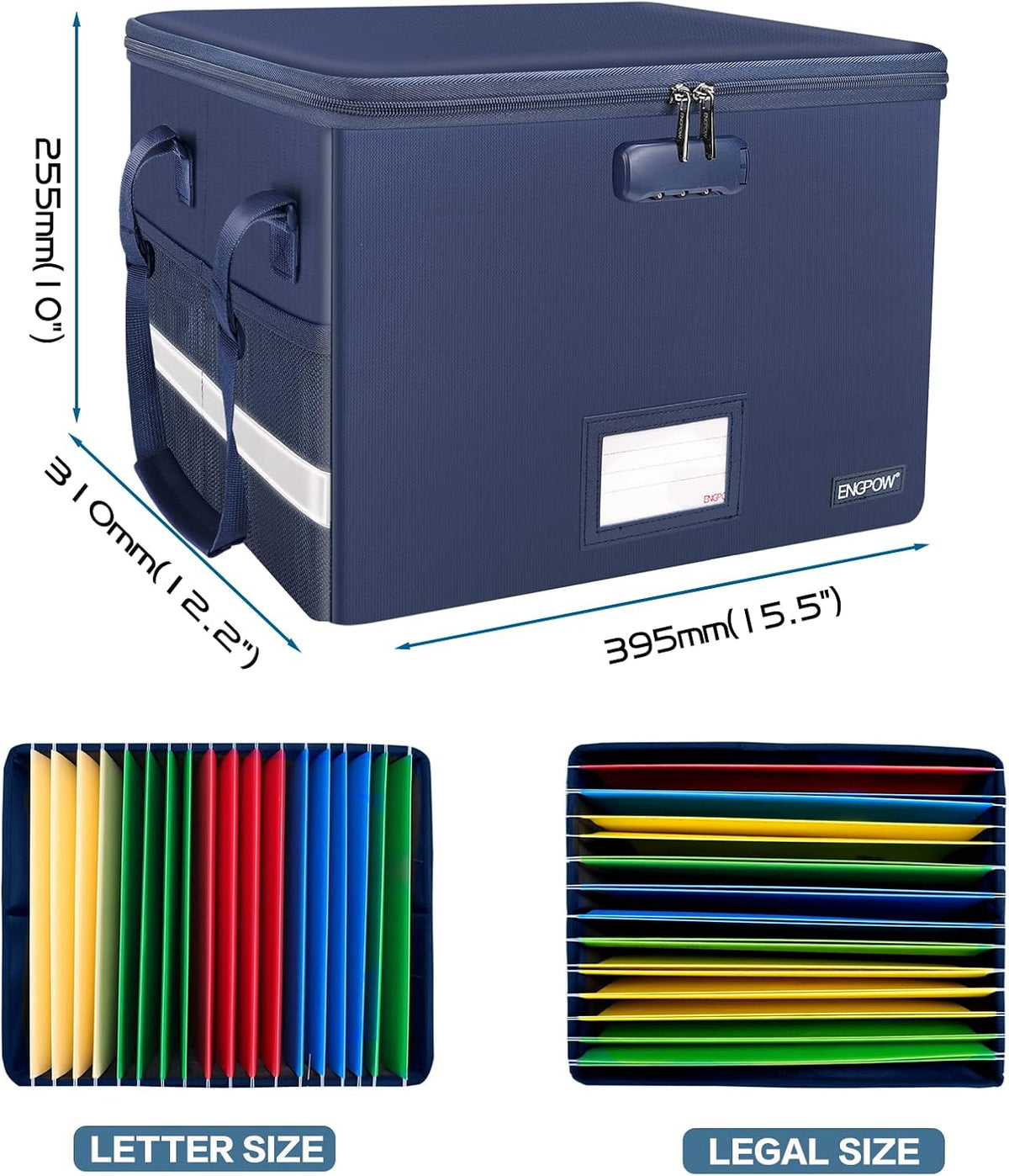 File Box with Lock,Fireproof Document Box with Zipper＆Pockets,Collapsible File Organizer Filing Storage Cabinet with Handle,Portable Home Office Safe for Hanging Letter/Legal Folder,Black