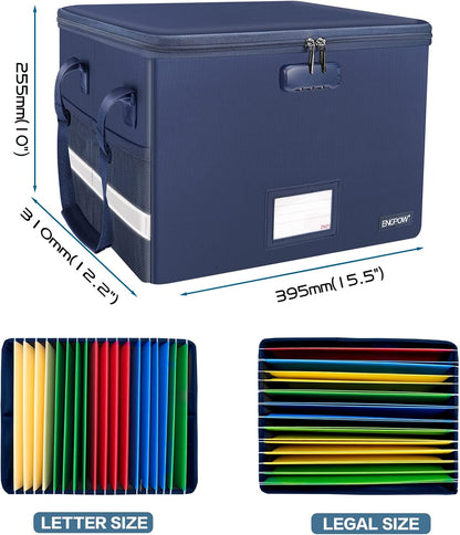 File Box with Lock,Fireproof Document Box with Zipper＆Pockets,Collapsible File Organizer Filing Storage Cabinet with Handle,Portable Home Office Safe for Hanging Letter/Legal Folder,Black