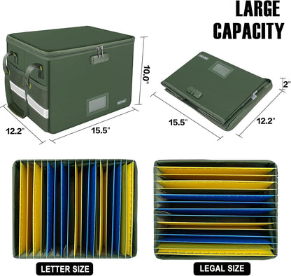 File Box with Lock,Fireproof Document Box with Zipper＆Pockets,Collapsible File Organizer Filing Storage Cabinet with Handle,Portable Home Office Safe for Hanging Letter/Legal Folder,Black