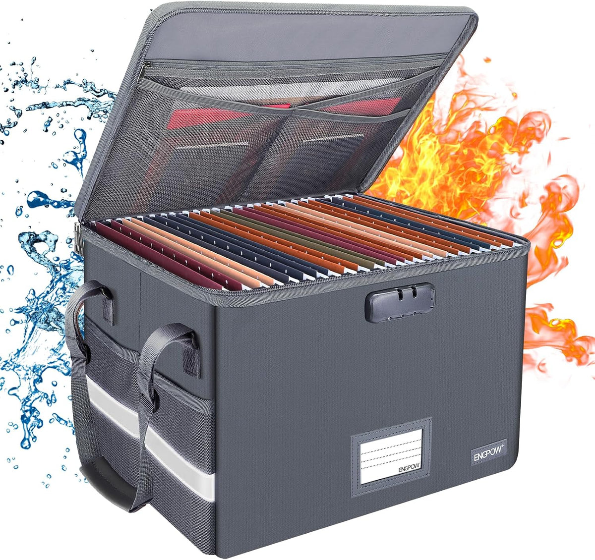 File Box with Lock,Fireproof Document Box with Zipper＆Pockets,Collapsible File Organizer Filing Storage Cabinet with Handle,Portable Home Office Safe for Hanging Letter/Legal Folder,Black
