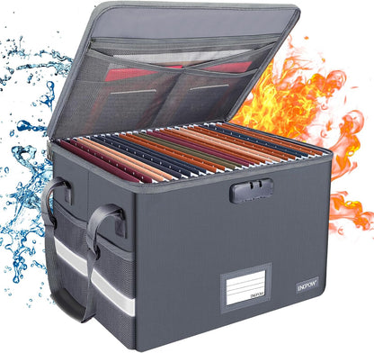 File Box with Lock,Fireproof Document Box with Zipper＆Pockets,Collapsible File Organizer Filing Storage Cabinet with Handle,Portable Home Office Safe for Hanging Letter/Legal Folder,Black