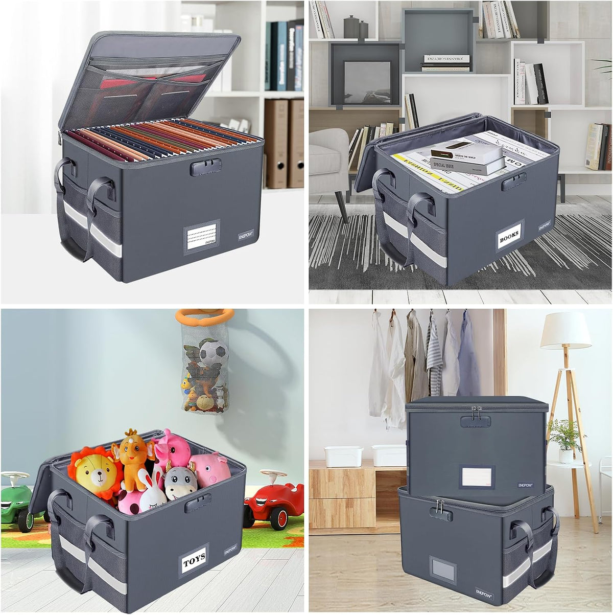 File Box with Lock,Fireproof Document Box with Zipper＆Pockets,Collapsible File Organizer Filing Storage Cabinet with Handle,Portable Home Office Safe for Hanging Letter/Legal Folder,Black