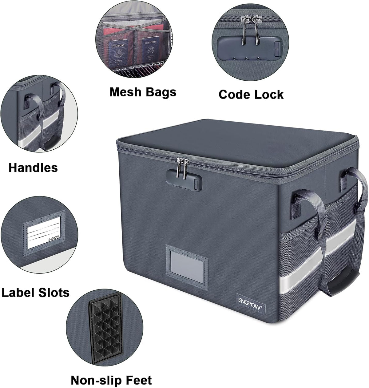 File Box with Lock,Fireproof Document Box with Zipper＆Pockets,Collapsible File Organizer Filing Storage Cabinet with Handle,Portable Home Office Safe for Hanging Letter/Legal Folder,Black