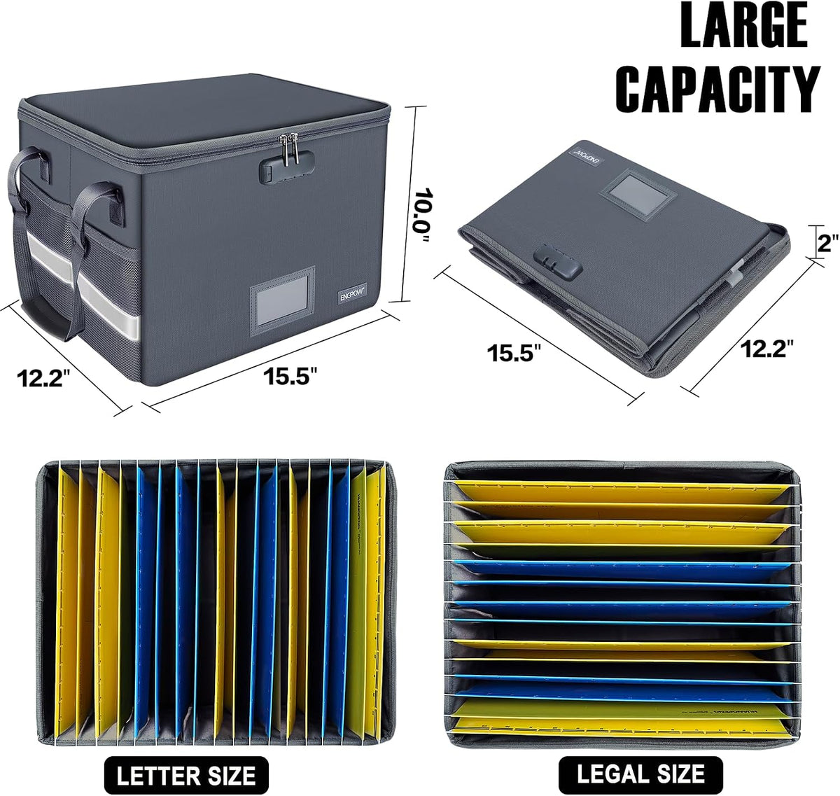 File Box with Lock,Fireproof Document Box with Zipper＆Pockets,Collapsible File Organizer Filing Storage Cabinet with Handle,Portable Home Office Safe for Hanging Letter/Legal Folder,Black