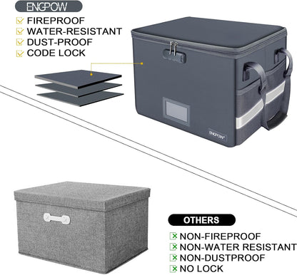 File Box with Lock,Fireproof Document Box with Zipper＆Pockets,Collapsible File Organizer Filing Storage Cabinet with Handle,Portable Home Office Safe for Hanging Letter/Legal Folder,Black