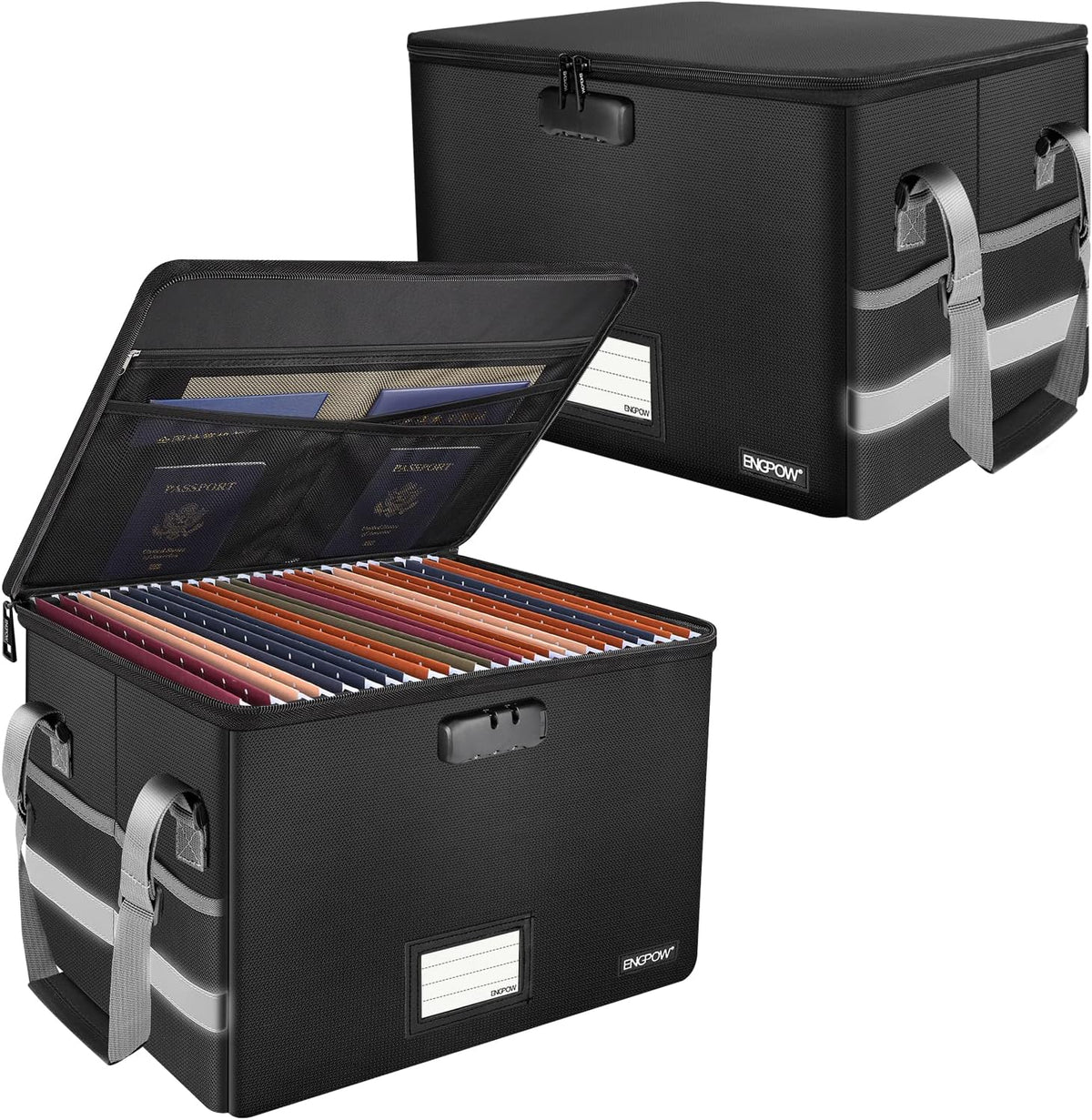 File Box with Lock,Fireproof Document Box with Zipper＆Pockets,Collapsible File Organizer Filing Storage Cabinet with Handle,Portable Home Office Safe for Hanging Letter/Legal Folder,Black
